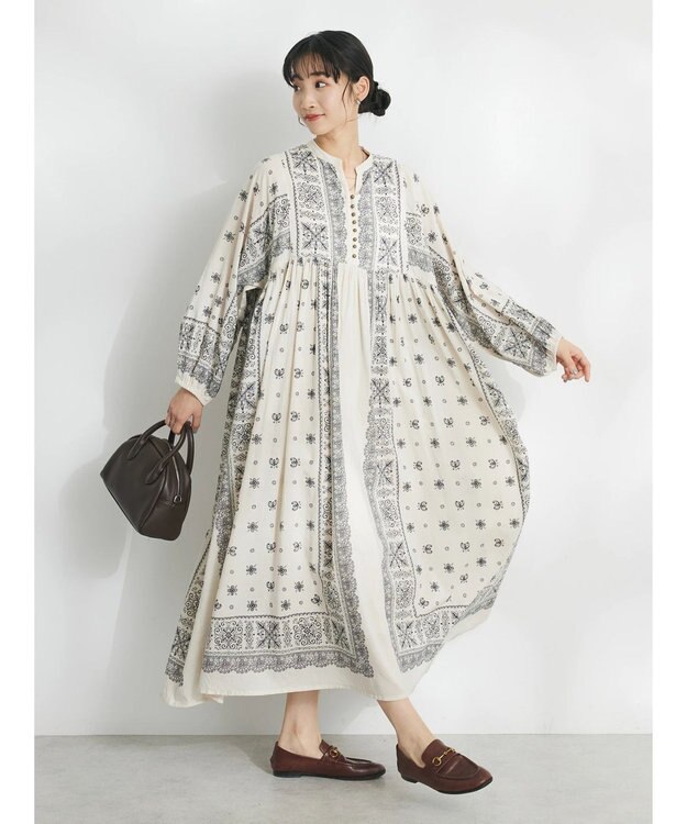 CRAFT STANDARD BOUTIQUE パネル柄ウエスト切り替えボリュームワンピース Light Beige