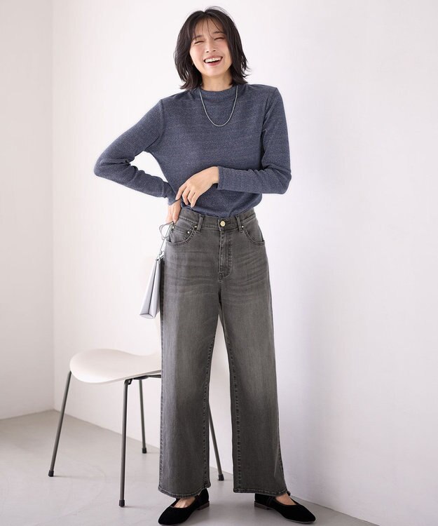 ANY 【洗濯機可】ラメハイネックＴシャツ ネイビー