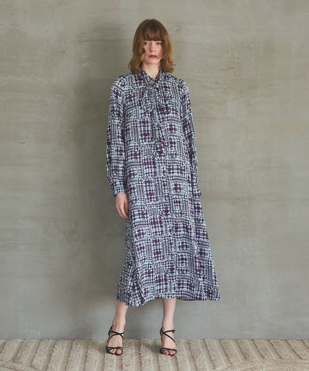 GRACE CONTINENTAL チェックプリントボウ付ワンピース サックス