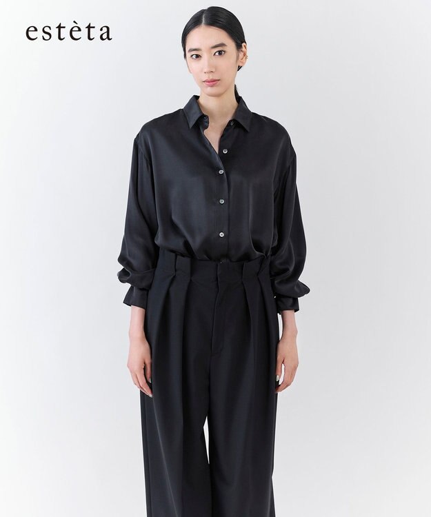 23区 【エステータ】シルクサテン シャツ ブラック