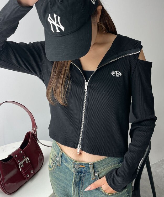 WEGO オープンショルダーダブルジップパーカー ブラック