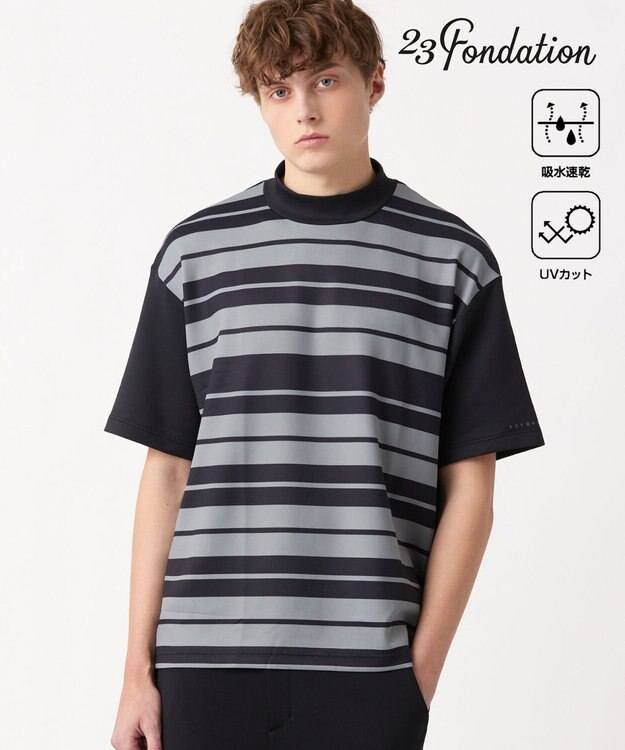 23区GOLF 【23Fondation】【吸水速乾/UVケア】ボーダー モックネック ブラック系1