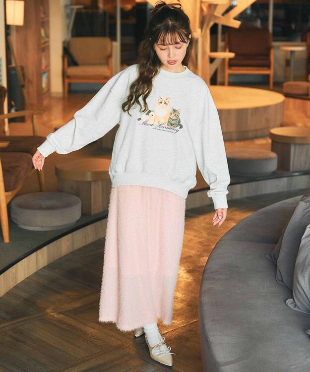 Feroux 【猫カフェMOCHAコラボ】猫ちゃんプリント トレーナー ライトグレー系