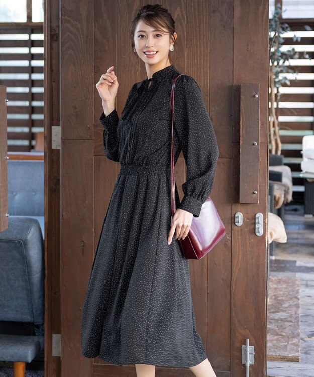 Tiaclasse L 【洗える】細リボンギャザーワンピース ブラックドット