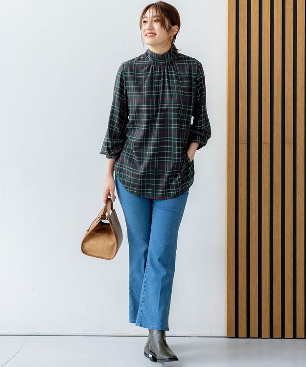 組曲 シアーツイルチェック ハイネックブラウス グリーン系9
