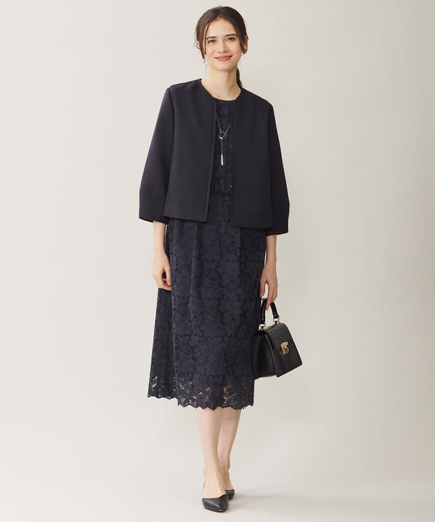 自由区 【洗える】フルールコードレース ワンピース ダークネイビー