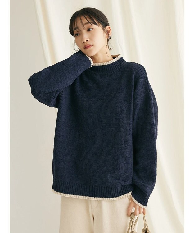 CRAFT STANDARD BOUTIQUE 洗えるモールニット配色プルオーバー Navy