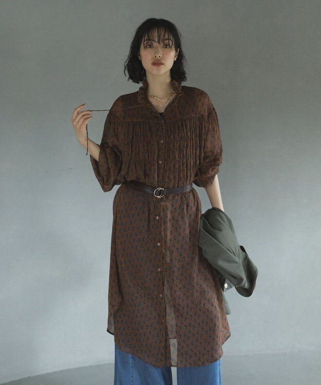 Green Parks 花柄シフォン楊柳ワンピース Brown