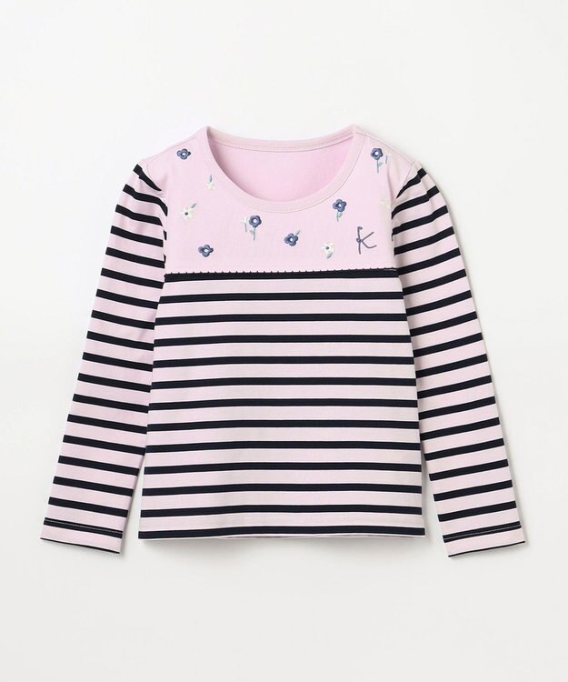 組曲 KIDS 【110-140㎝】フラワー刺繍ボーダー Tシャツ サクラ系
