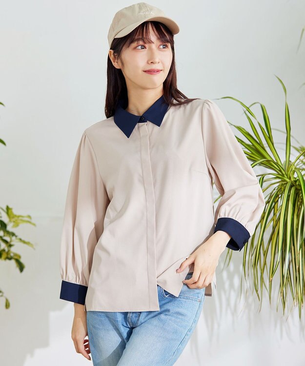 Tiaclasse L 【洗える】配色パフスリーブシャツブラウス グレージュ