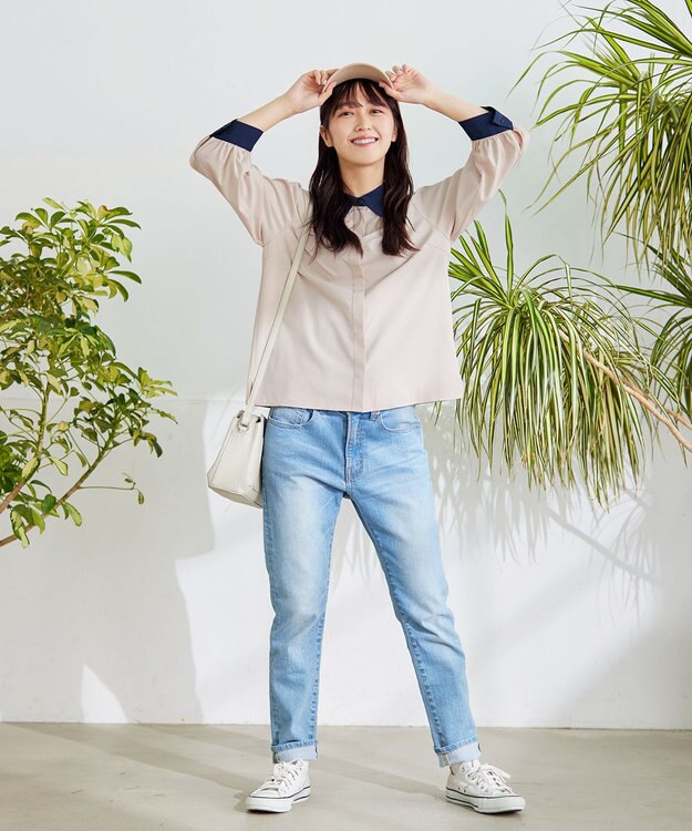 Tiaclasse L 【洗える】配色パフスリーブシャツブラウス グレージュ