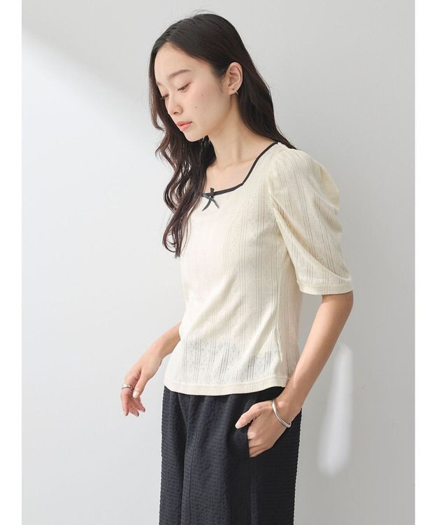 earth music&ecology フロントリボンパフスリーブプルオーバー Ivory