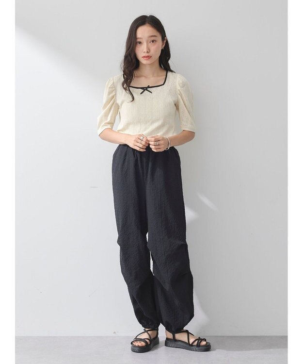 earth music&ecology フロントリボンパフスリーブプルオーバー Ivory