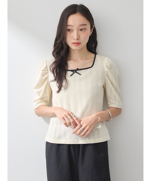 earth music&ecology フロントリボンパフスリーブプルオーバー Ivory