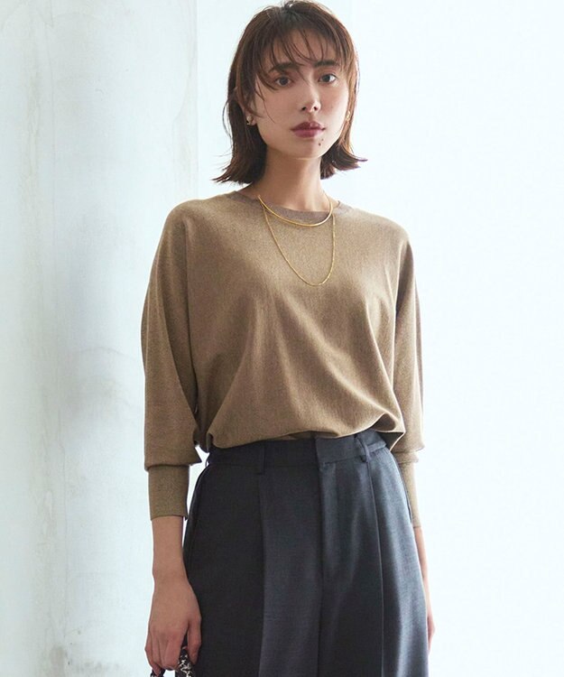 23区 L 【洗える/吊り干しOK】ヴィスコースストレッチ ドルマンスリーブ ラメ ニット ブラウン系