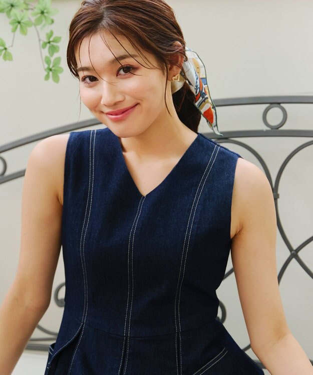 Tiaclasse 【洗える】デニムタックフレアワンピース ネイビー