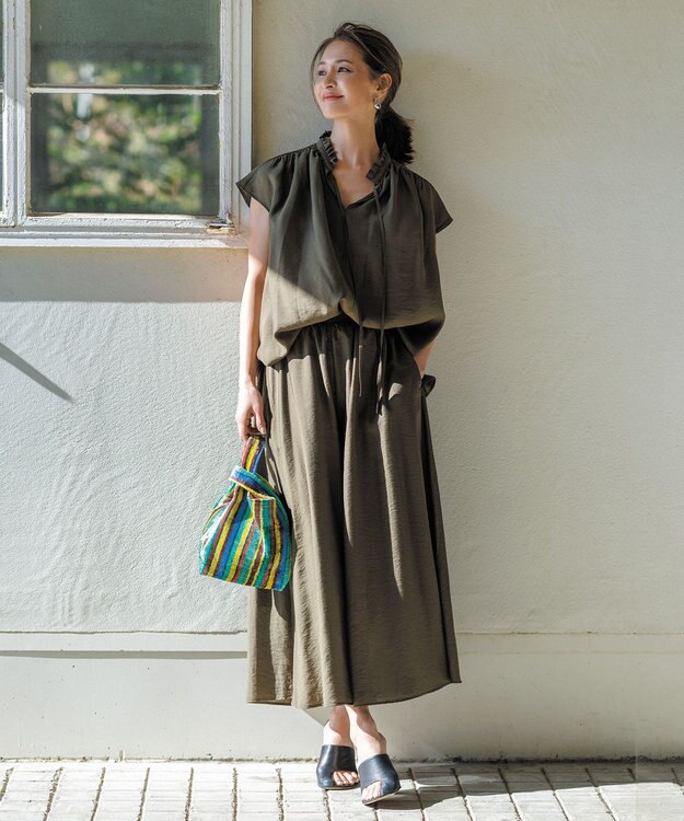 UNFILO ヴィンテージシアー ギャザーブラウス カーキ