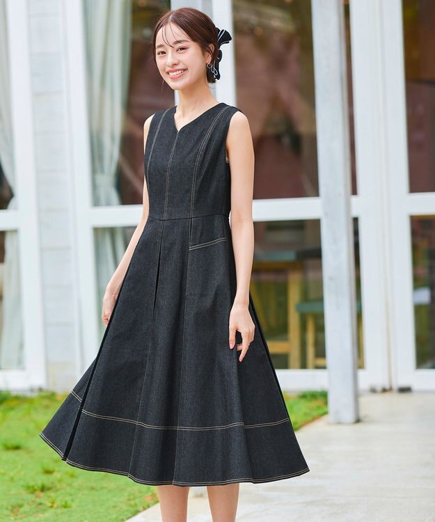 Tiaclasse 【洗える】デニムタックフレアワンピース ブラック