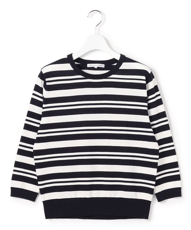 23区 L 【先行予約】プレミアムビオコットン クルーネック ボーダー ニット ネイビー×オフ