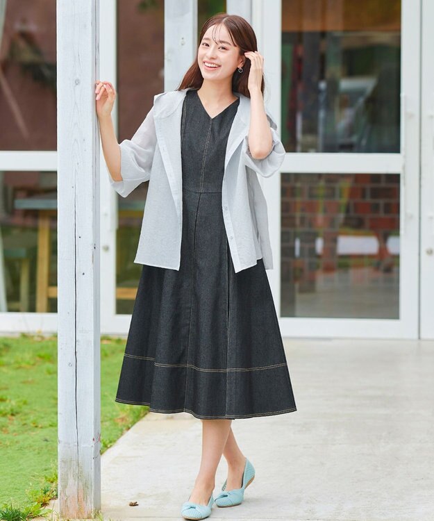 Tiaclasse 【洗える】デニムタックフレアワンピース ブラック