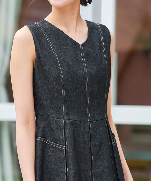 Tiaclasse 【洗える】デニムタックフレアワンピース ブラック