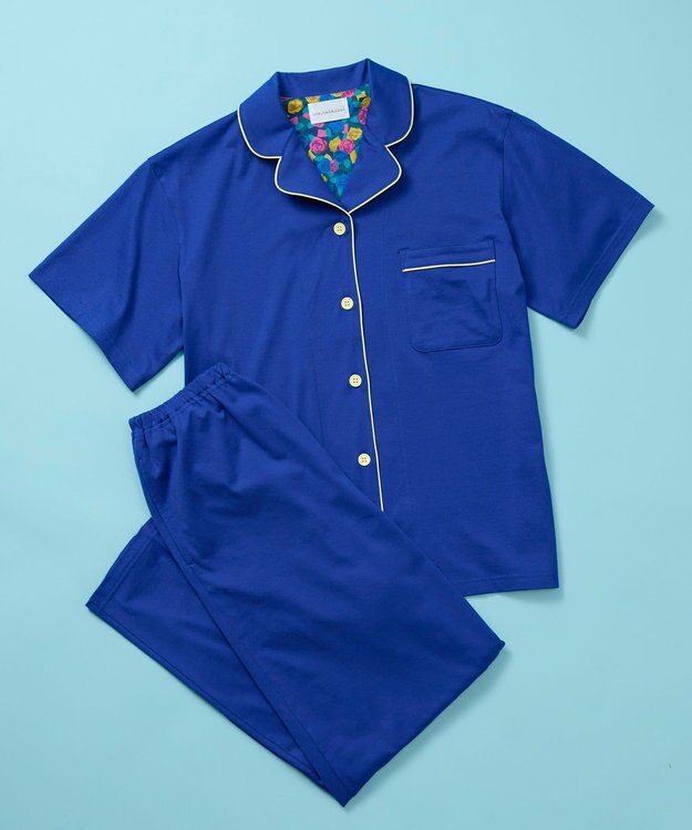 une nana cool 【綿100%】60/2 やわらか天竺 半袖開襟パジャマ MADE WITH LIBERTY FABRIC ブルー