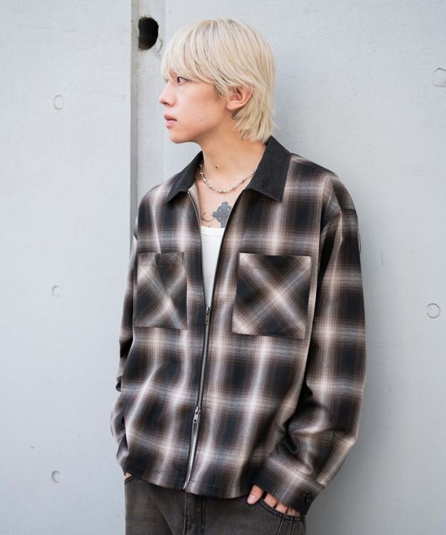 WEGO 【ユニセックス着用ITEM/MLサイズ展開】オンブレチェックシャツジャケット ブラウンチェック1
