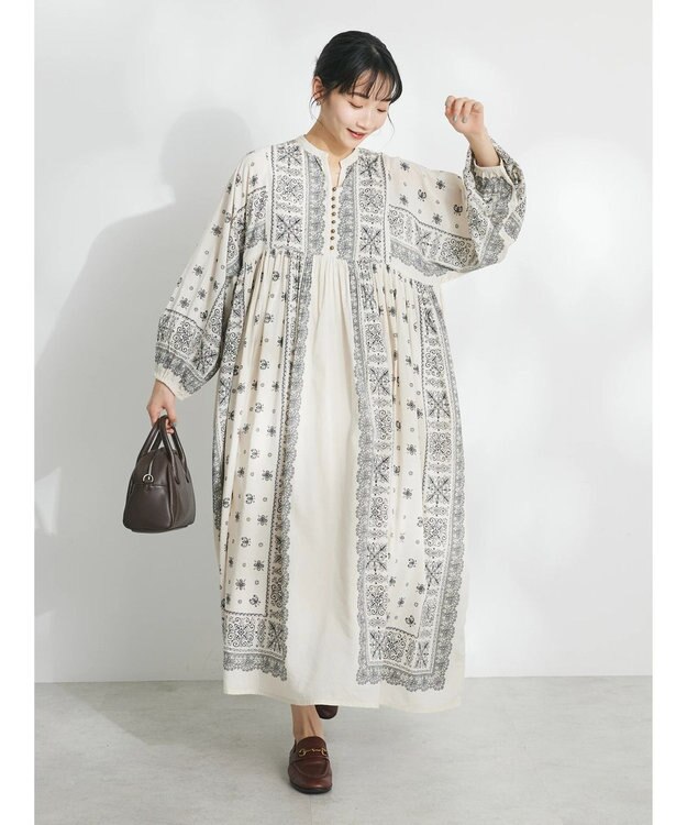 CRAFT STANDARD BOUTIQUE パネル柄ウエスト切り替えボリュームワンピース Light Beige