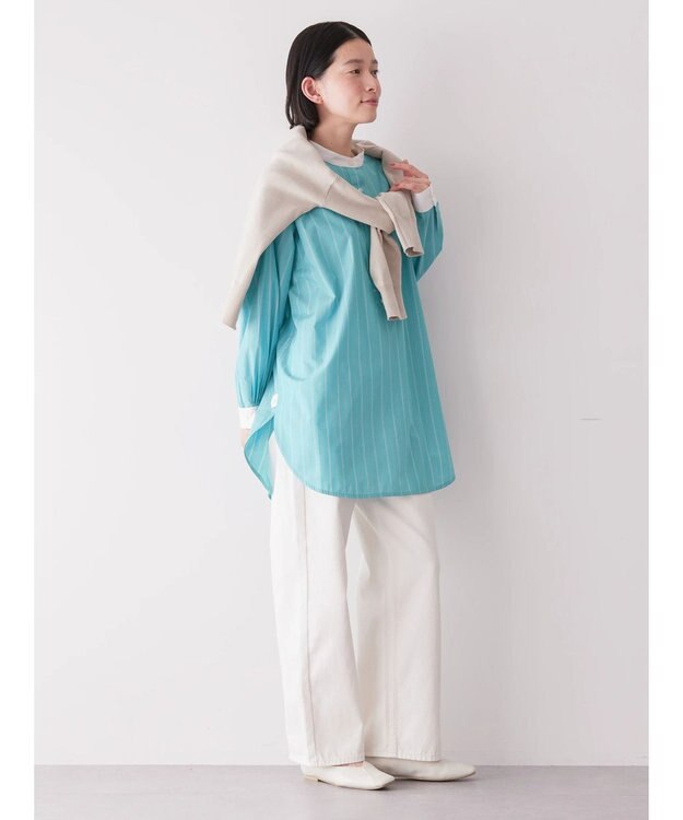 AMERICAN HOLIC イージーケアバンドカラーシャツチュニック Stripe Green