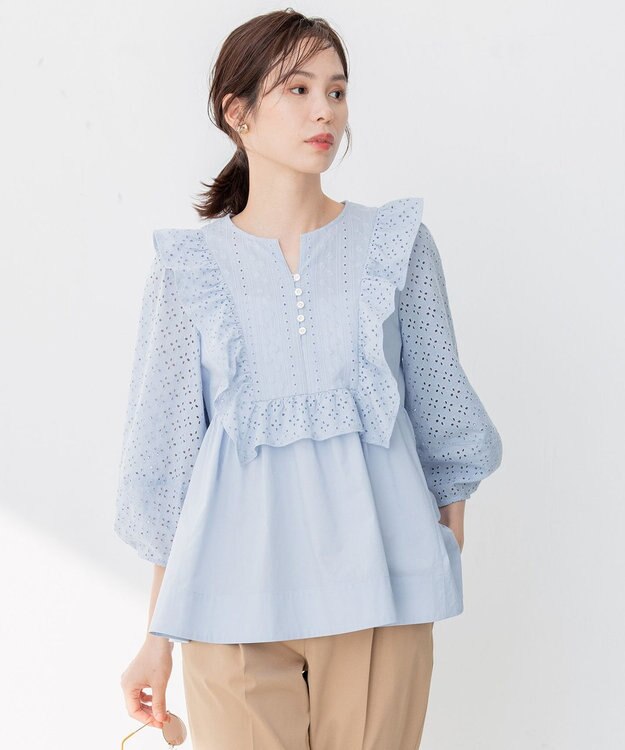 組曲 【WEB限定色あり】レースコンビシャーティング ブラウス 【WEB限定】サックスブルー