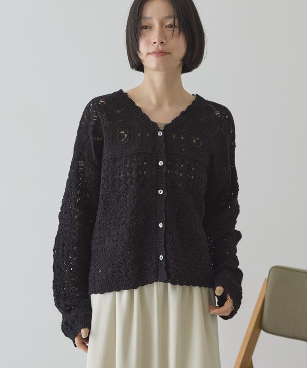 AMERICAN HOLIC 【前後2WAY】レース透かし編みニットカーディガン Black