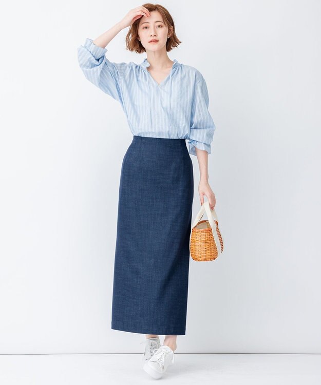 23区 【WEB限定/洗える】コットンカラミストライプ スキッパー ブラウス サックスブルー系