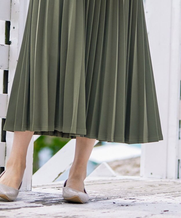 Tiaclasse 【ウエストゴム・洗える】カットソーアコーディオンプリーツスカート カーキ