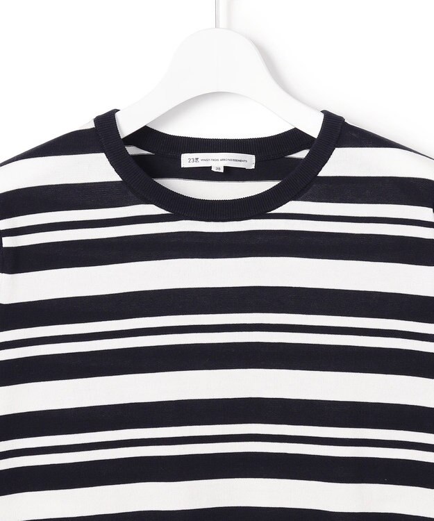 23区 L 【先行予約】プレミアムビオコットン クルーネック ボーダー ニット ネイビー×オフ