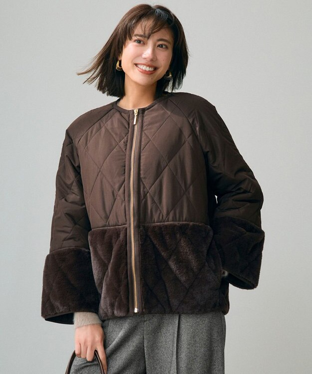 ANY SIS S フェイクファーコンビキルティング アウター ブラウン