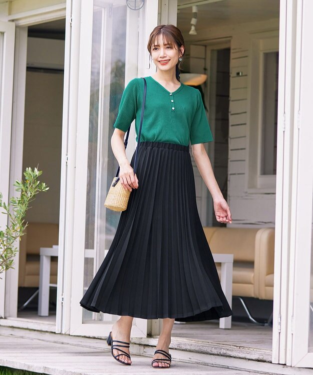 Tiaclasse 【ウエストゴム・洗える】カットソーアコーディオンプリーツスカート ブラック