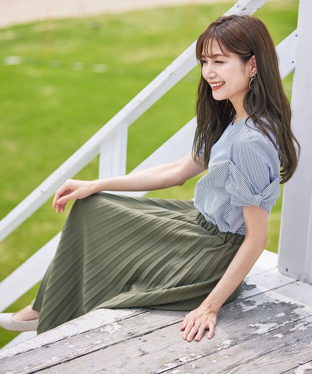 Tiaclasse 【ウエストゴム・洗える】カットソーアコーディオンプリーツスカート カーキ