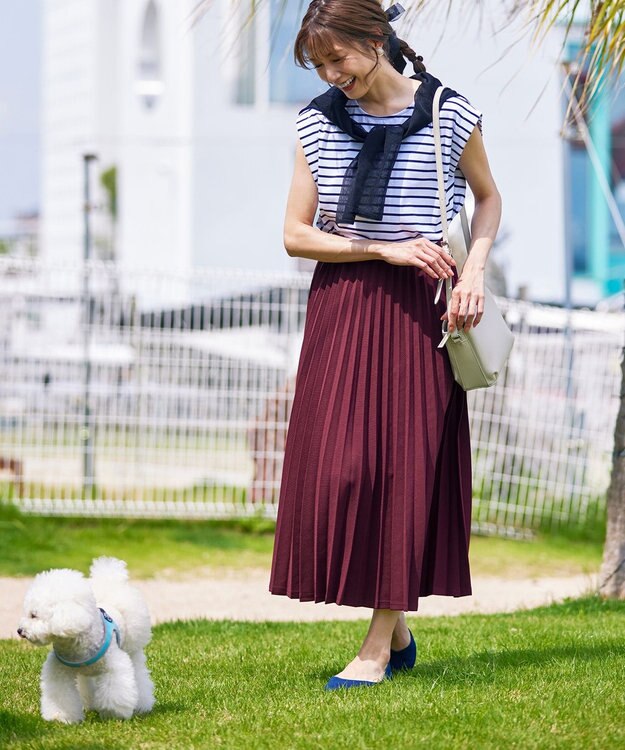 Tiaclasse 【ウエストゴム・洗える】カットソーアコーディオンプリーツスカート ボルドー