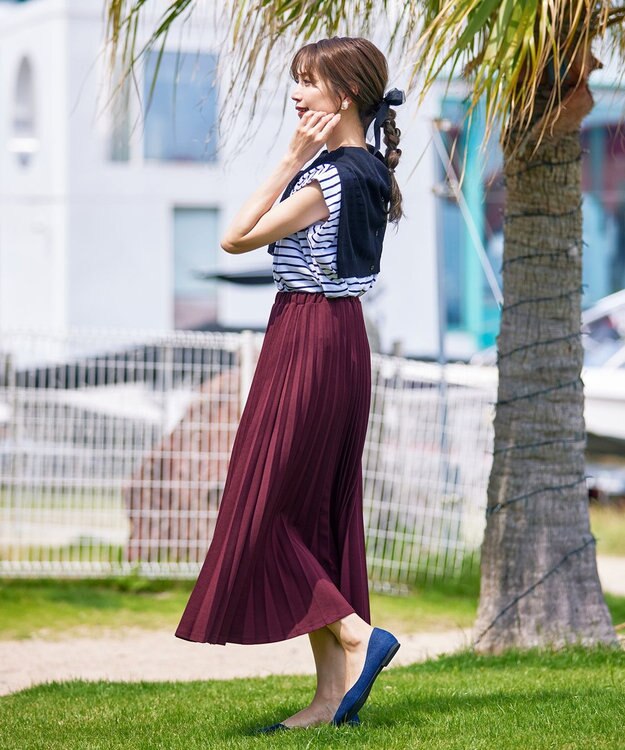 Tiaclasse 【ウエストゴム・洗える】カットソーアコーディオンプリーツスカート ボルドー