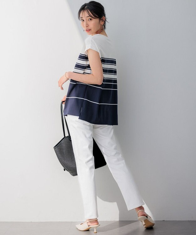23区 L 【洗える】ランダムボーダー フレンチスリーブ カットソー オフ×ネイビーボーダー