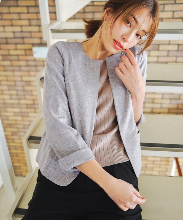 Tiaclasse L 【新色追加・洗える】麻調薄地キーネックジャケット グレー