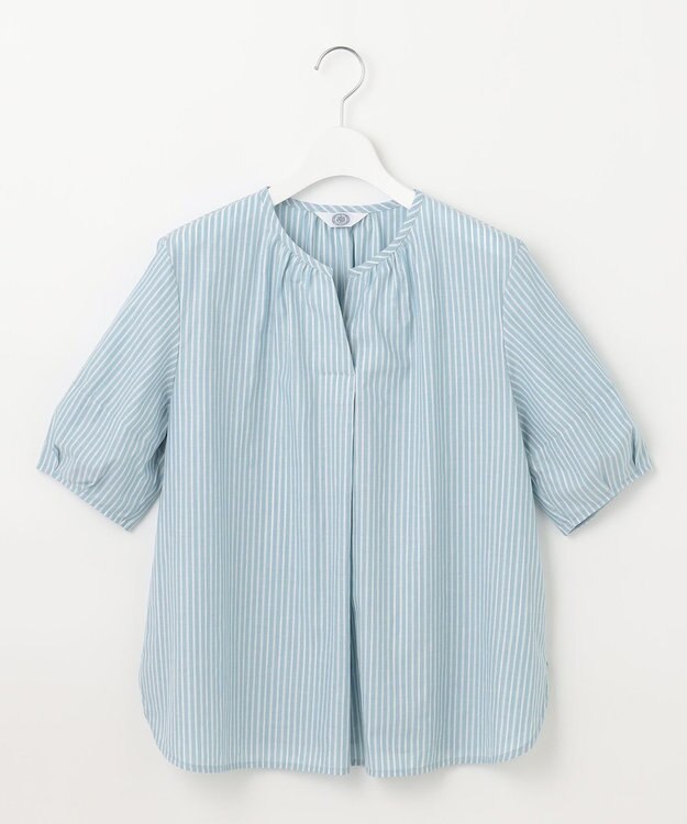 J.PRESS LADIES 【洗える】BEZ空羽ストライプ クルーネック V開き ブラウス シーブルー系1