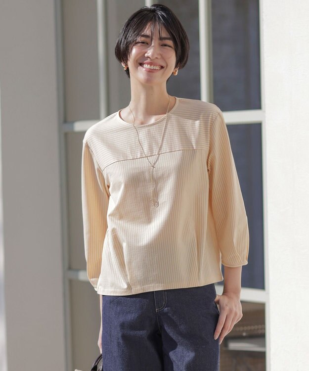 J.PRESS LADIES Jカミーチェストライプ クルーネック カットソー オレンジストライプ系