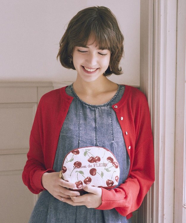 Maison de FLEUR チェリー柄ゴブランラウンドポーチ Red