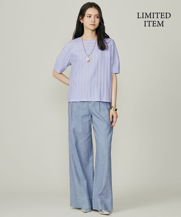 自由区 S 【WEB限定・洗える】ストライプハイゲージジャージー カットソー サックス