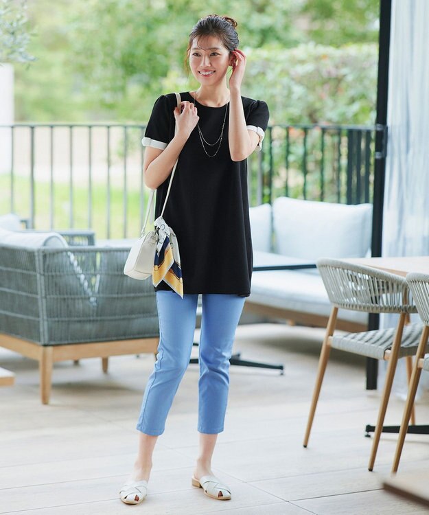 Tiaclasse 【洗える】リボン袖ニットチュニックブラウス ブラックオフホワイト