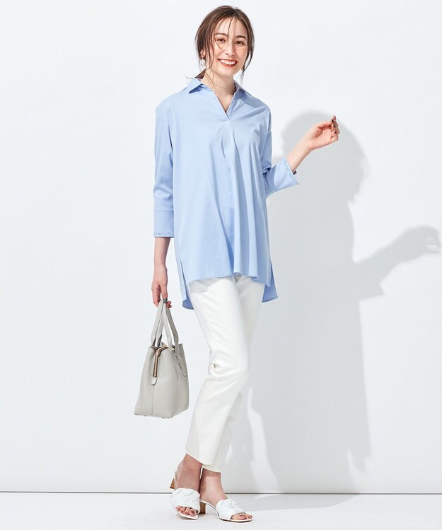 自由区 【洗える】エンブロイダリー スキッパーチュニック ダルブルー系