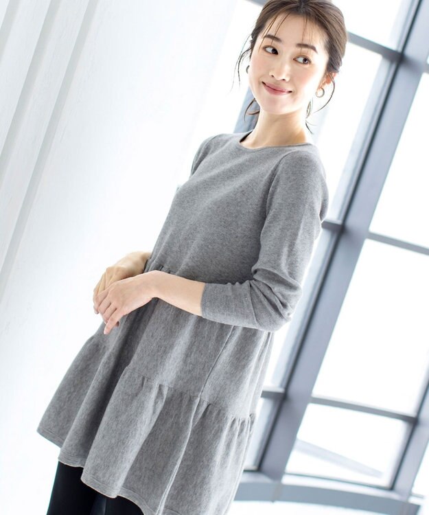 Tiaclasse L 【洗える】大人華やぐ2段ティアードニットチュニック グレー