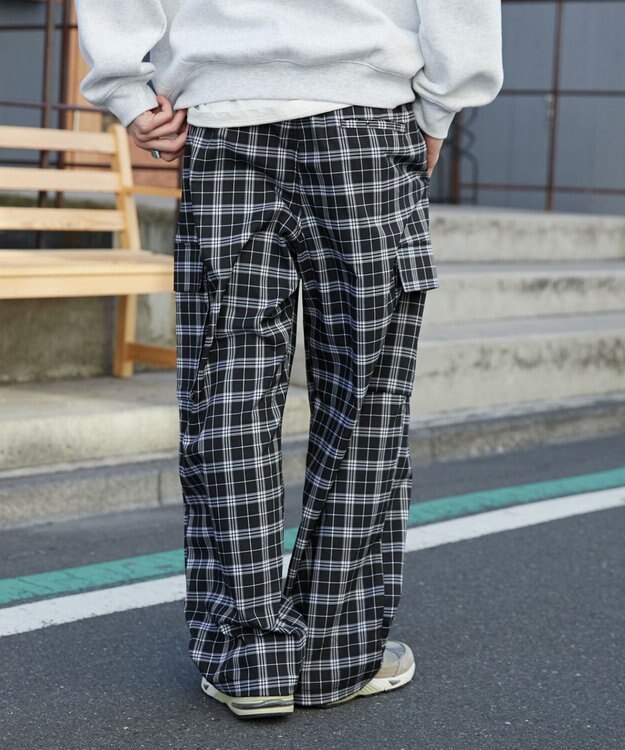 WEGO 【ウエストゴム/MLサイズ展開】イージーワイドカーゴスラックス ブラックチェック1
