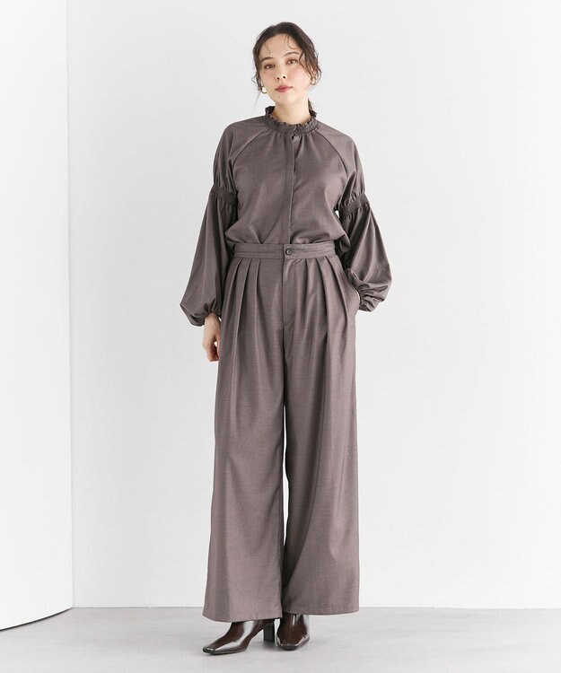 #Newans 【洗濯機可/しわになりにくい】シャーリングネック ボリュームスリーブブラウス モカブラウン